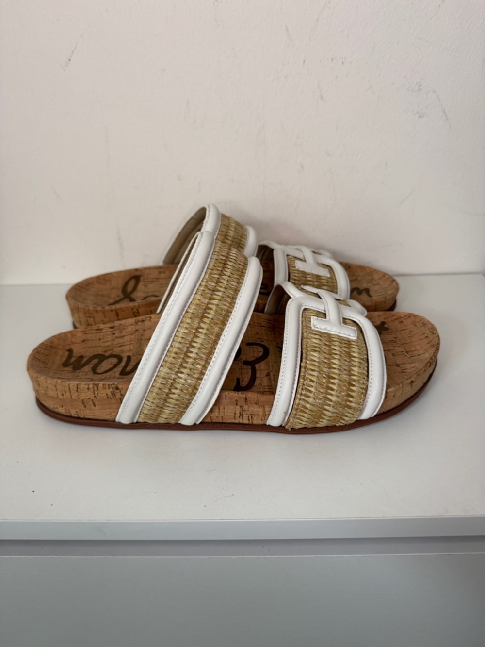Sam Edelman White Natural Raffia Cork Slide Sandals Womens Summer Resort - Picture 5 of 11